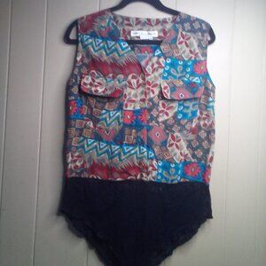Annie Alexander Blouse Bodysuit M Sleeveless Button Up Lace Trim Silk